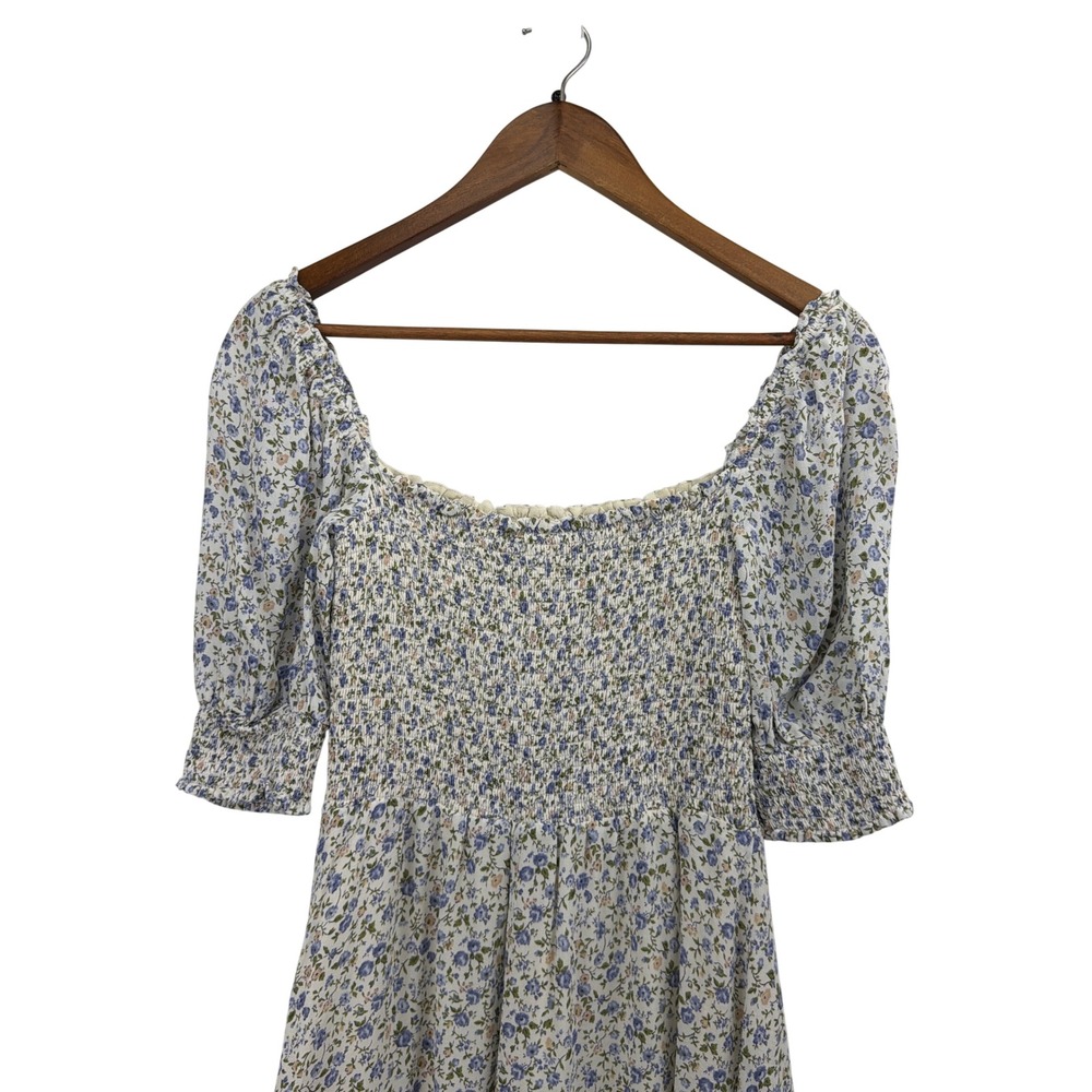 Reformation Blue Floral Smocked Mini Dress Square Neck Puff Sleeve Size 6 - Picture 7 of 12